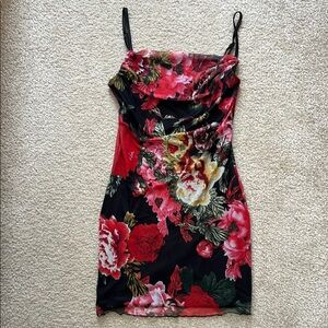 Floral Mini Dress - Red and Black